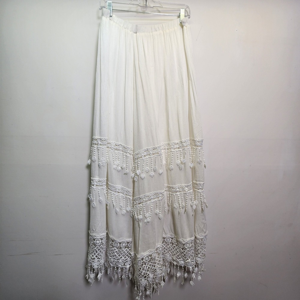 Indigo Soul Womens White Crochet Lace Tiered Maxi Skirt XL Elastic Waist Pull On - Picture 3 of 9